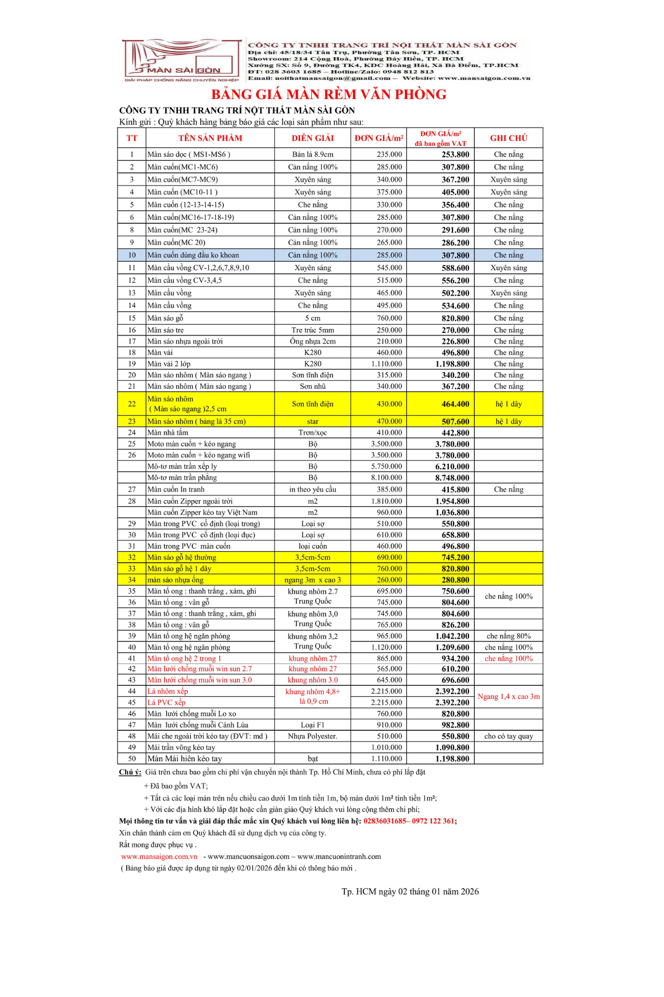 bảng giá 2026